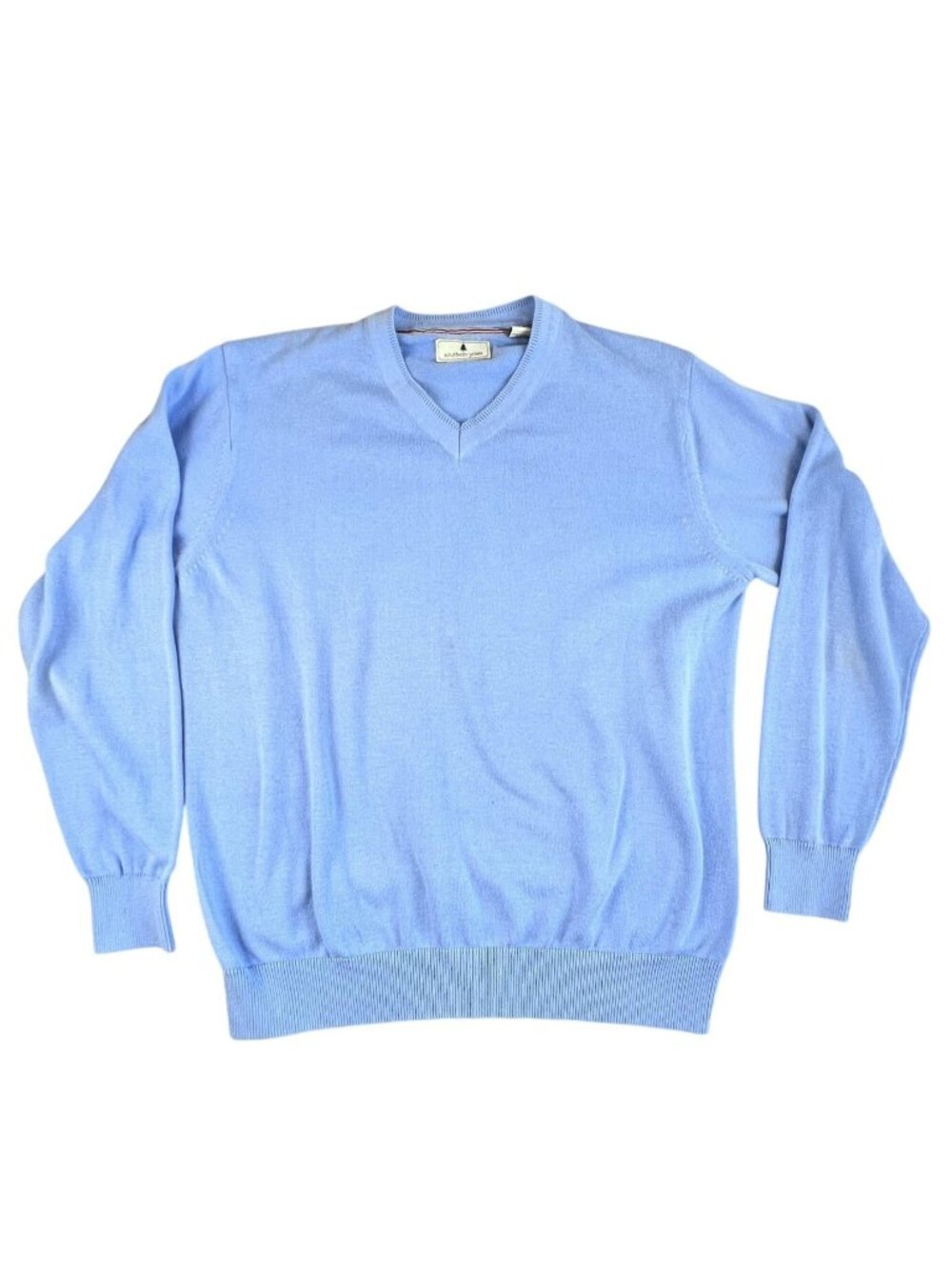 Mens Large Sweater Blue V Neck Pullover Lightweight Knit Casual Southern Pines